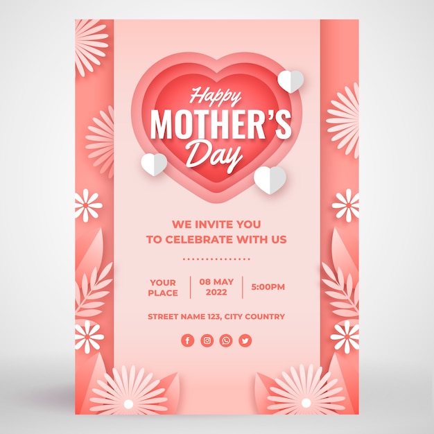Vettore gratuito modello di biglietto di auguri per la festa della mamma in stile carta