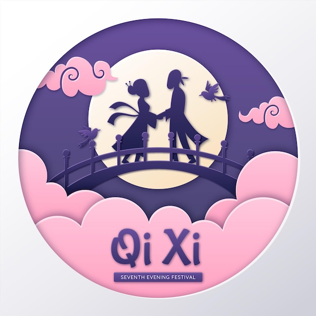 Free vector paper style qi xi day illustration