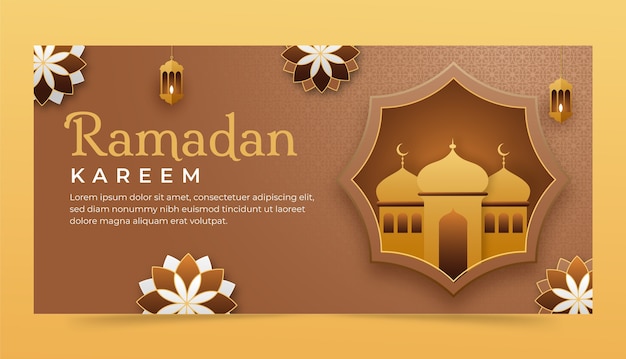 Vettore gratuito modello di banner orizzontale per la celebrazione del ramadan in stile carta