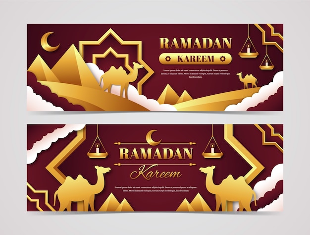 Paper style ramadan celebration horizontal banners set