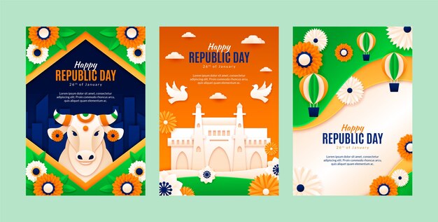 Free vector paper style republic day greeting cards collection