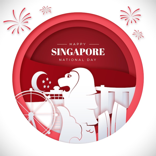 Vettore gratuito illustrazione della giornata nazionale di singapore in stile carta