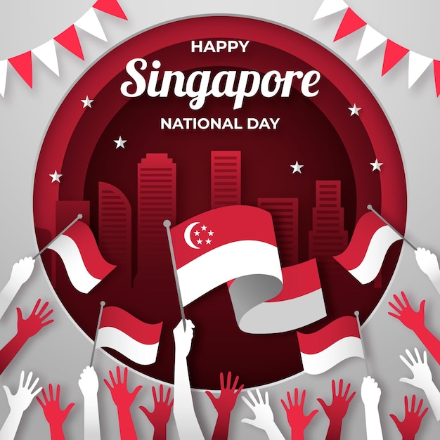Vettore gratuito illustrazione della giornata nazionale di singapore in stile carta