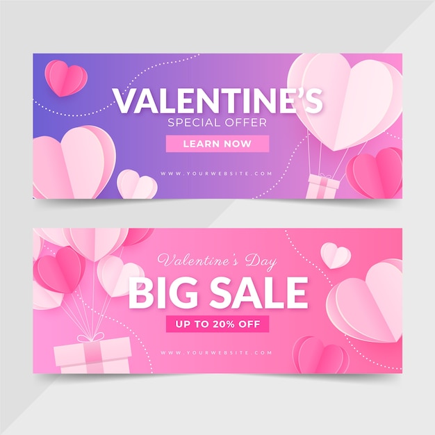 Paper style valentine's day sale horizontal banners set