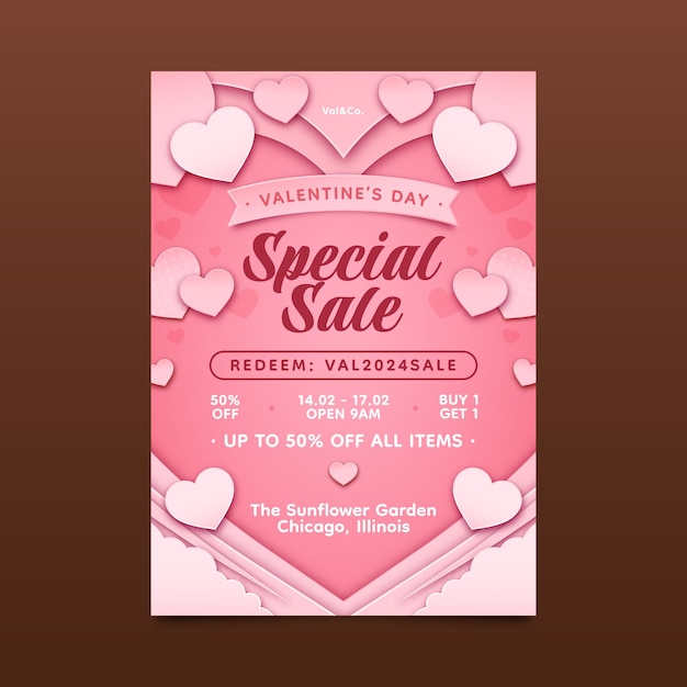 Paper style valentine's day vertical poster template