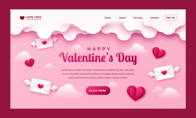 紙のスタイルのバレンタインデーのお祝いのランディングページテンプレート