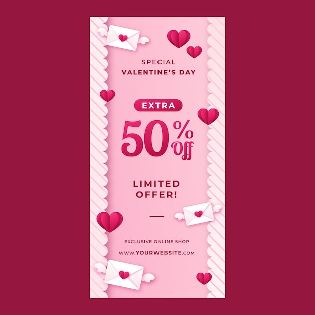 Vettore gratuito modello dell'insegna di vendita di celebrazione di giorno di san valentino di stile di carta