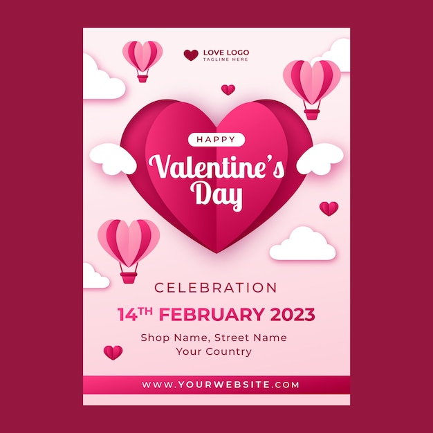 Vettore gratuito modello di poster verticale per la celebrazione del giorno di san valentino in stile carta