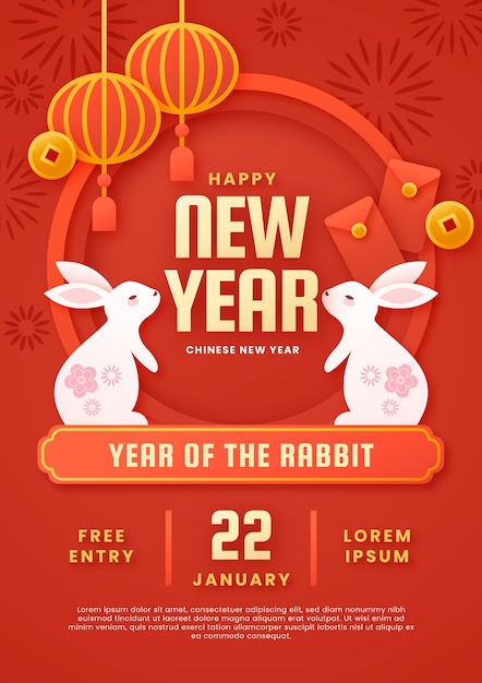 Шаблон вертикального флаера в бумажном стиле для празднования китайского нового года