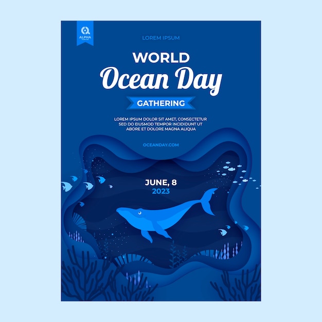 Vettore gratuito modello di volantino verticale in stile carta per la celebrazione della giornata mondiale degli oceani