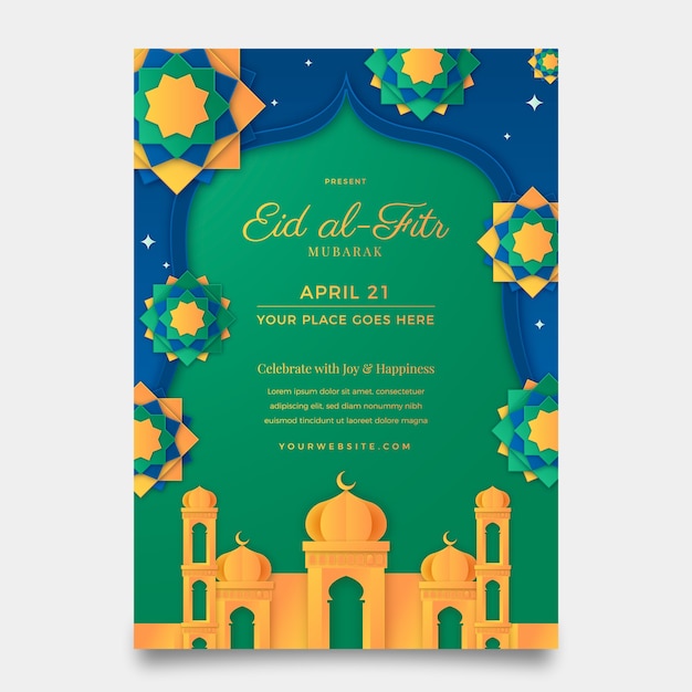 Paper style vertical poster template for islamic eid al-fitr celebration