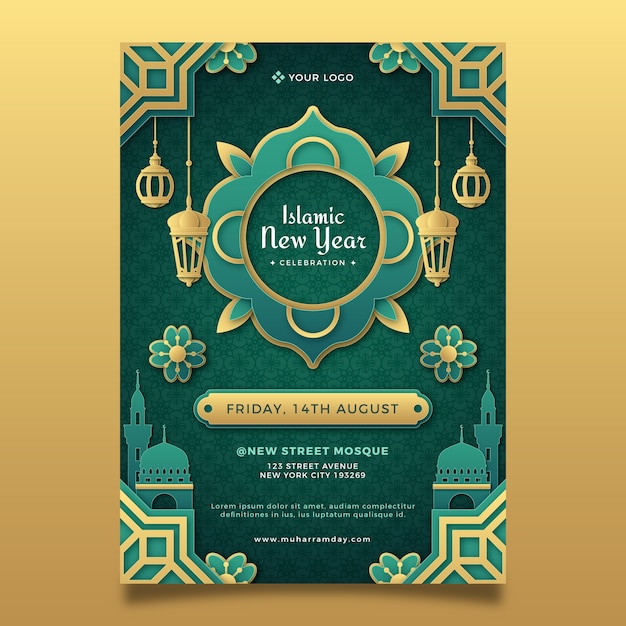 Free vector paper style vertical poster template for islamic new year celebration