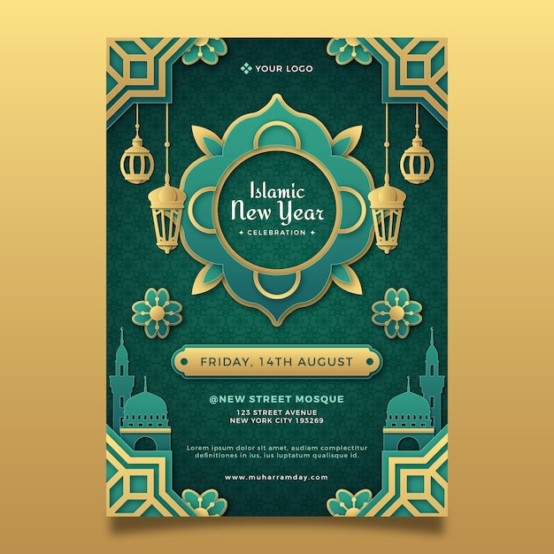 Free vector paper style vertical poster template for islamic new year celebration