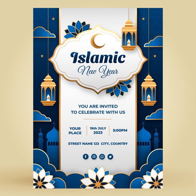 Paper style vertical poster template for islamic new year celebration