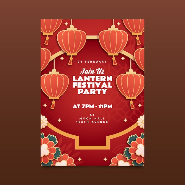 Free vector paper style vertical poster template for lantern festival celebration