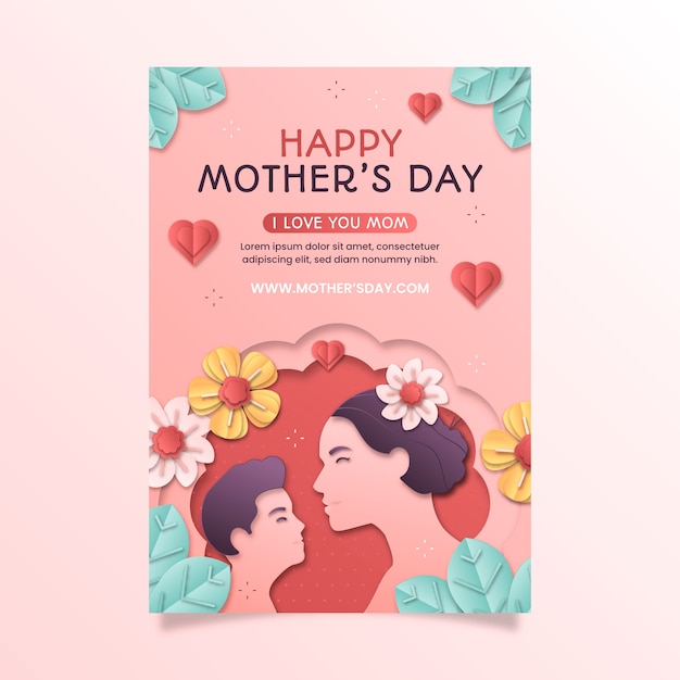 Шаблон вертикального плаката в бумажном стиле для празднования дня матери