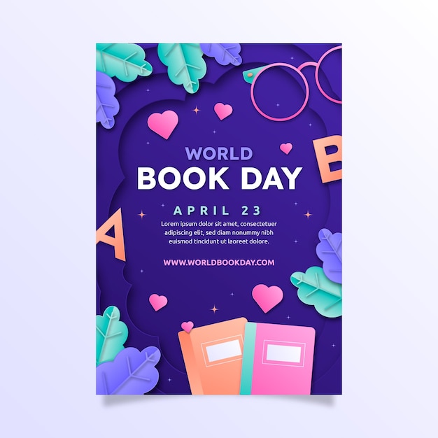Vettore gratuito modello di poster verticale in stile carta per la celebrazione della giornata mondiale del libro