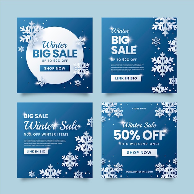 Free vector paper style winter sale instagram posts collection