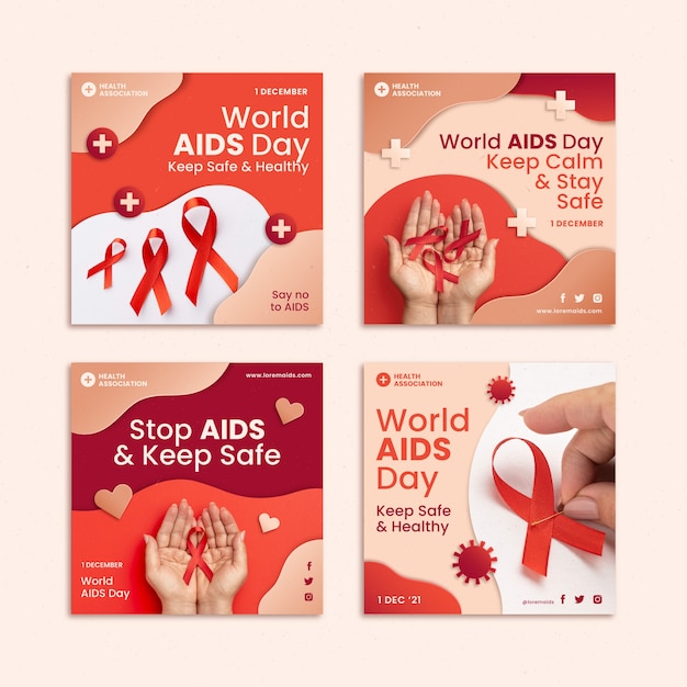 Vettore gratuito raccolta di post su instagram per la giornata mondiale dell'aids in stile carta