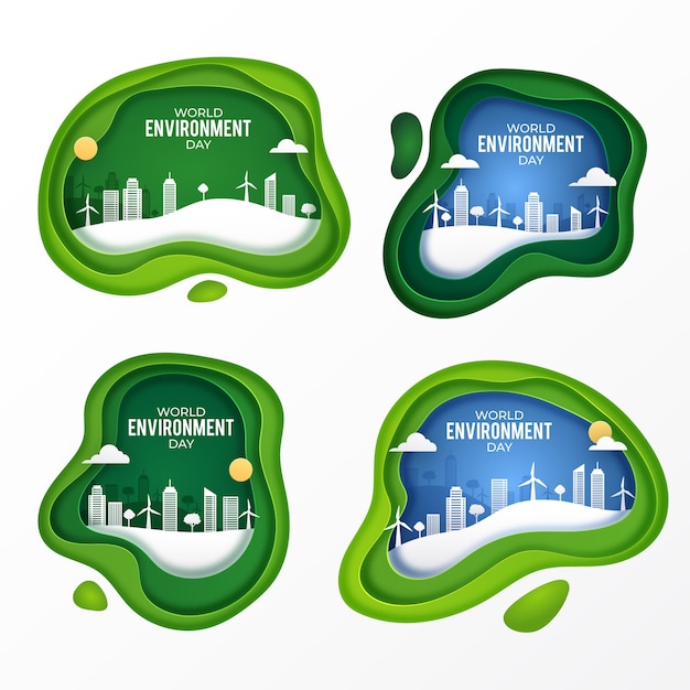 Коллекция этикеток всемирного дня окружающей среды в бумажном стиле
