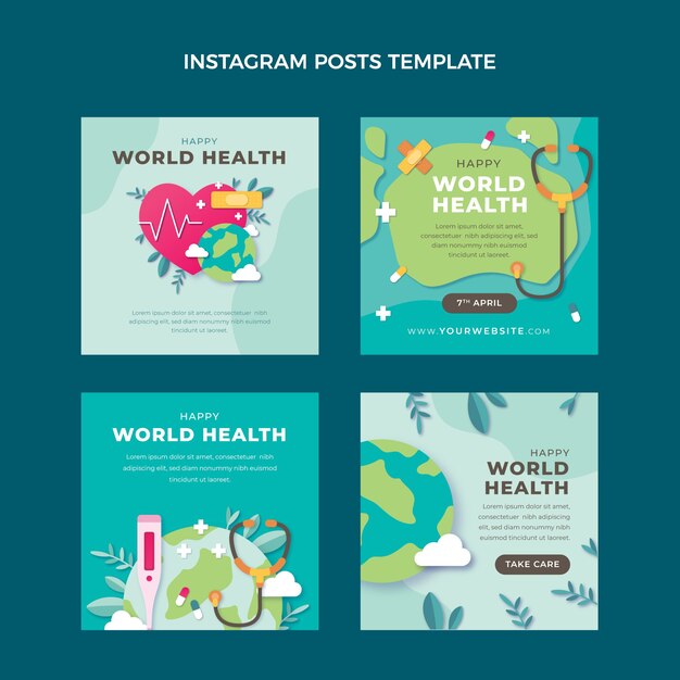 Free vector paper style world health day instagram posts collection