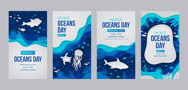 Free vector paper style world oceans day instagram stories collection