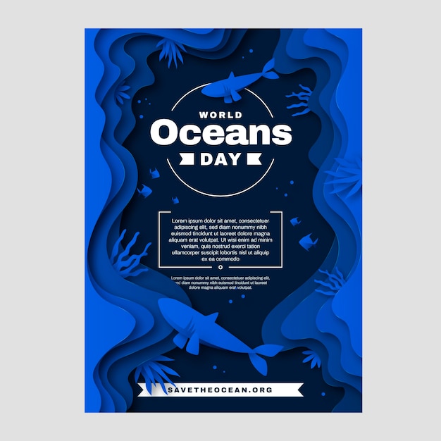 Free vector paper style world oceans day vertical flyer template