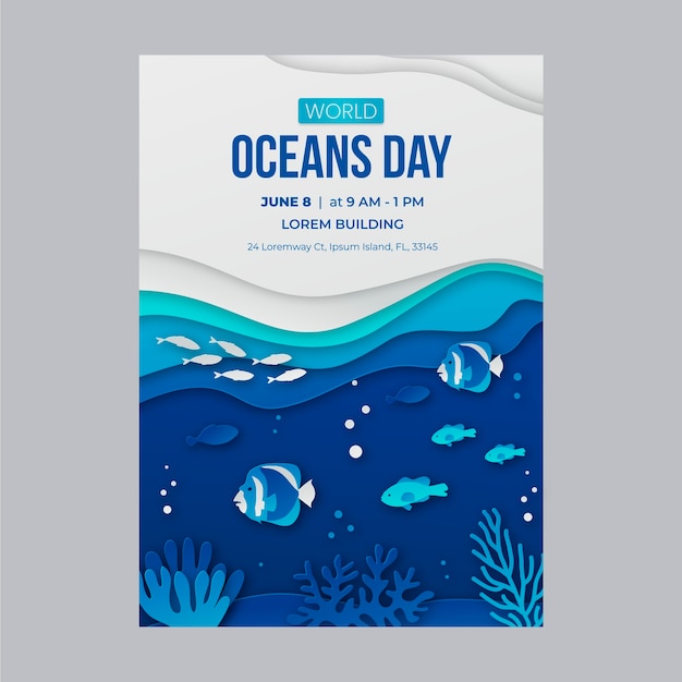 Paper style world oceans day vertical flyer template