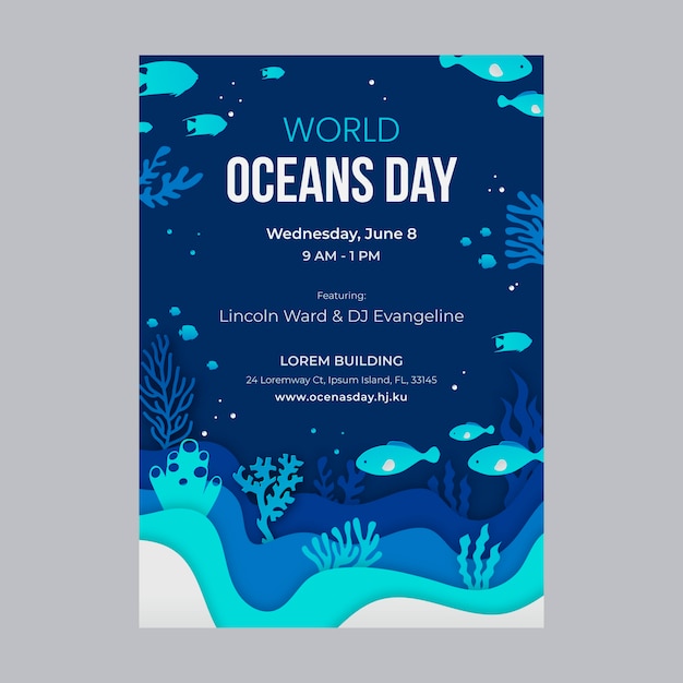 Paper style world oceans day vertical flyer template