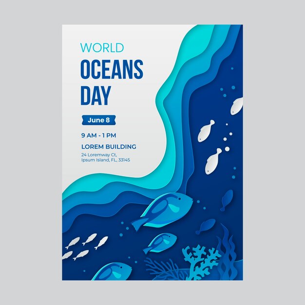 Paper style world oceans day vertical flyer template