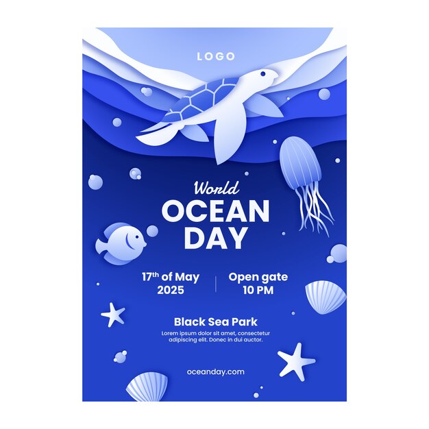 종이 스타일 세계 해양의 날 세로 포스터 템플릿
