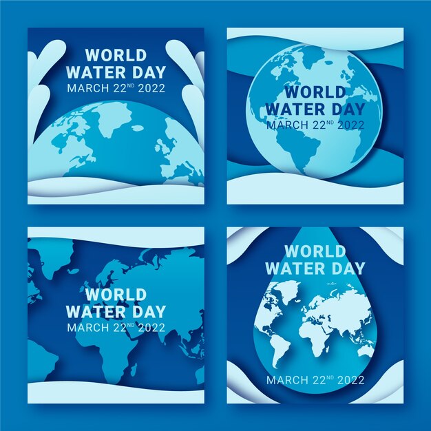 Collezione di post su instagram per la giornata mondiale dell'acqua in stile carta