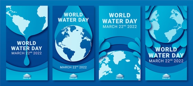 Бесплатное векторное изображение Коллекция историй instagram всемирный день воды в бумажном стиле
