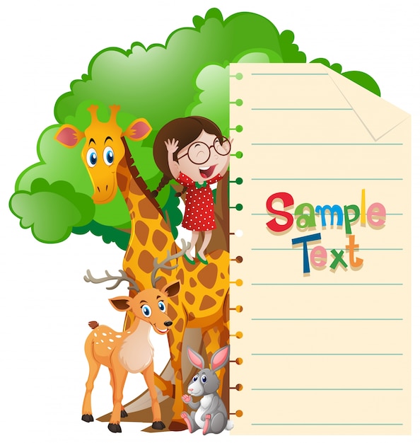 Paper template with girl and wild animals