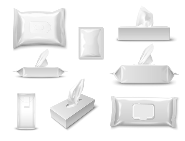 Free vector paper tissue and wet wipes realistic mockup set isolated vector illustration