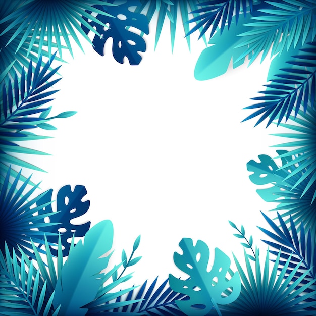 Paper tropical leaves flowers frame composition with empty space surrounded by exotic bushes and plants