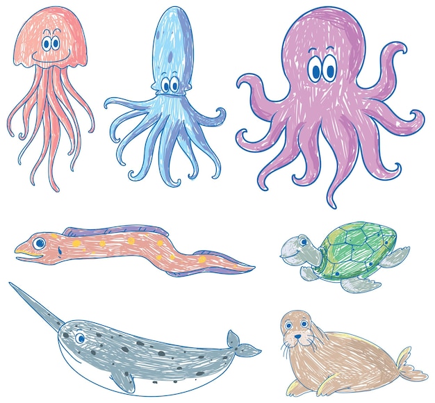 A paper with a doodle design of the different sea creatures with