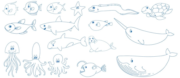 Vettore gratuito una carta con un disegno scarabocchio delle diverse creature marine con