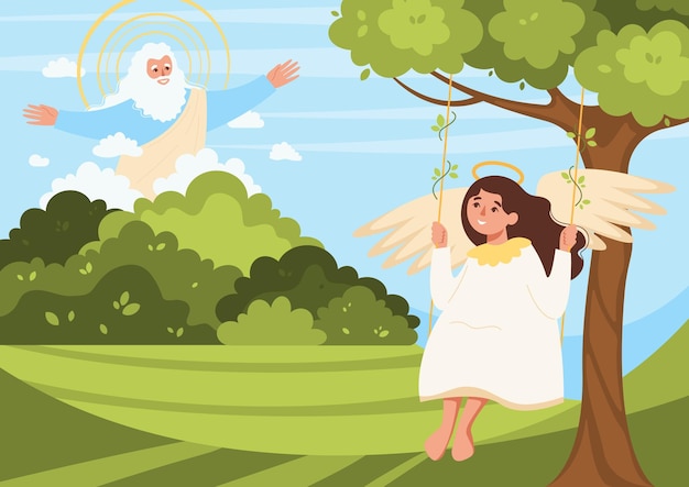 Free vector paradise bible flat composition with outdoor view of angel on swing and god character in heaven vector illustration