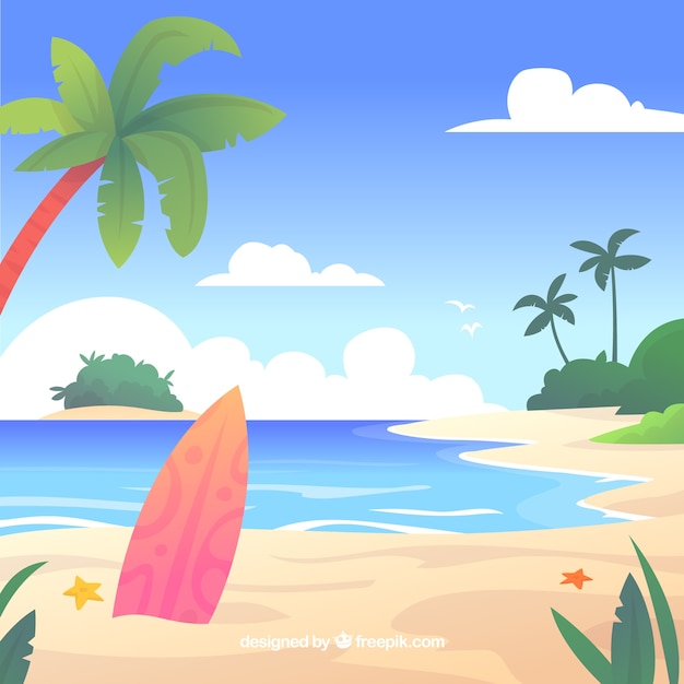 Райский тропический пляж с плоским дизайном