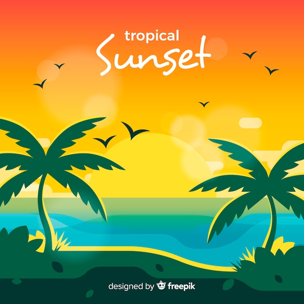 Free vector paradise tropical beach with lovely sunset