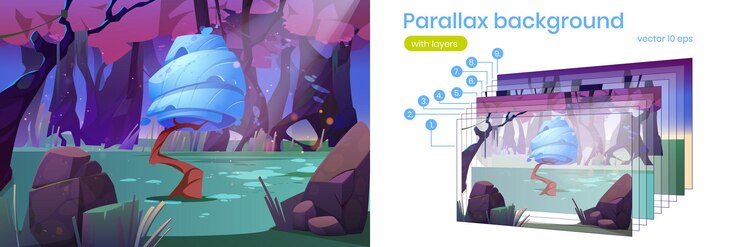 Free Vector parallax background 2d landscape with fantasy tree