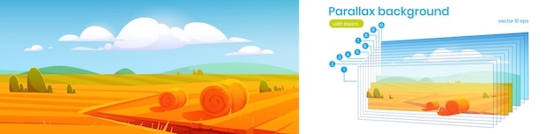 Бесплатное векторное изображение Фон параллакса, 2d пейзаж, сельский пейзаж, поле со стогами сена, фермерский луг под голубым облачным небом. осенняя сельская местность, разделенная природой на слои для игровой анимации, векторная иллюстрация