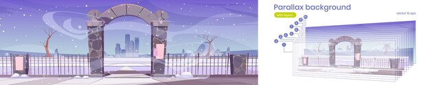 Parallax background 2d winter landscape with stone arch gate Entrance to public park or garden snow bare trees and city buildings on skyline separated layers for game animation Vector illustration