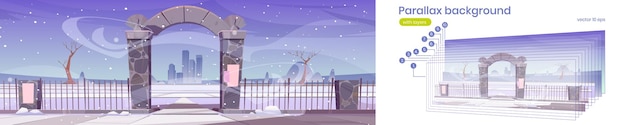 Parallax background 2d winter landscape with stone arch gate Entrance to public park or garden snow bare trees and city buildings on skyline separated layers for game animation Vector illustration