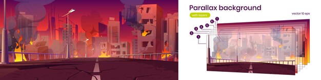 Parallax background city in fire, war destroy, abandoned burning broken buildings and bridge 2d cityscape . Cartoon bomb destruction view with separated layers for game scene, Vector illustration