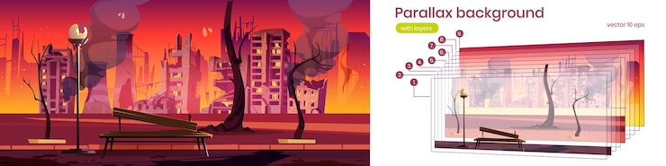 Free Vector parallax background city park in fire, war destroy