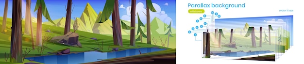 Parallax background coniferous forest with lake