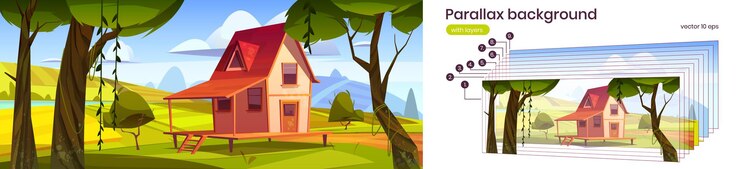 Free Vector parallax background cottage at summer 2d landscape