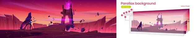 Parallax background fantasy stranger at magic portal on mountain cliff with flying rocks around, 2d alien or fairy tale nature landscape. Cartoon game character at fantastic view with separated layers